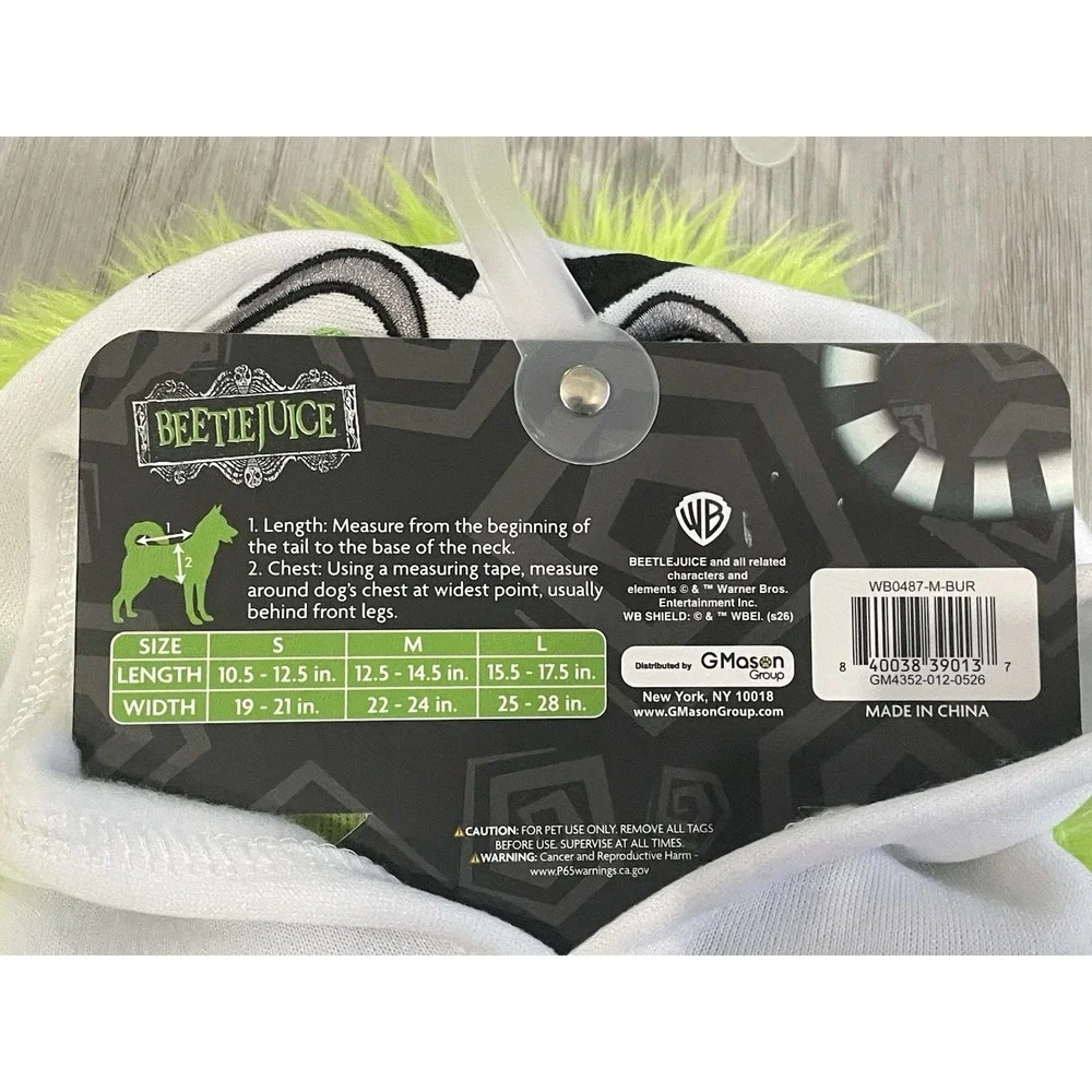 NEW Beetlejuice Green White Black Halloween Pet Dog Costume w/ Hair - Size M